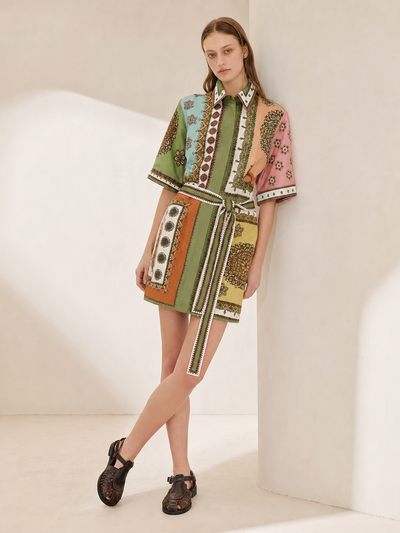 Boho Patchwork Shirt Dress, multicolor patchwork with belt, knee-to-mid-thigh length, model wearing brown sandals