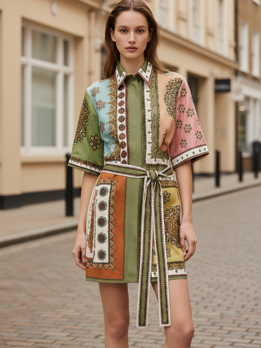 Boho Patchwork Shirt Dress, multicolor patchwork with belt, knee-to-mid-thigh length, model wearing brown sandals