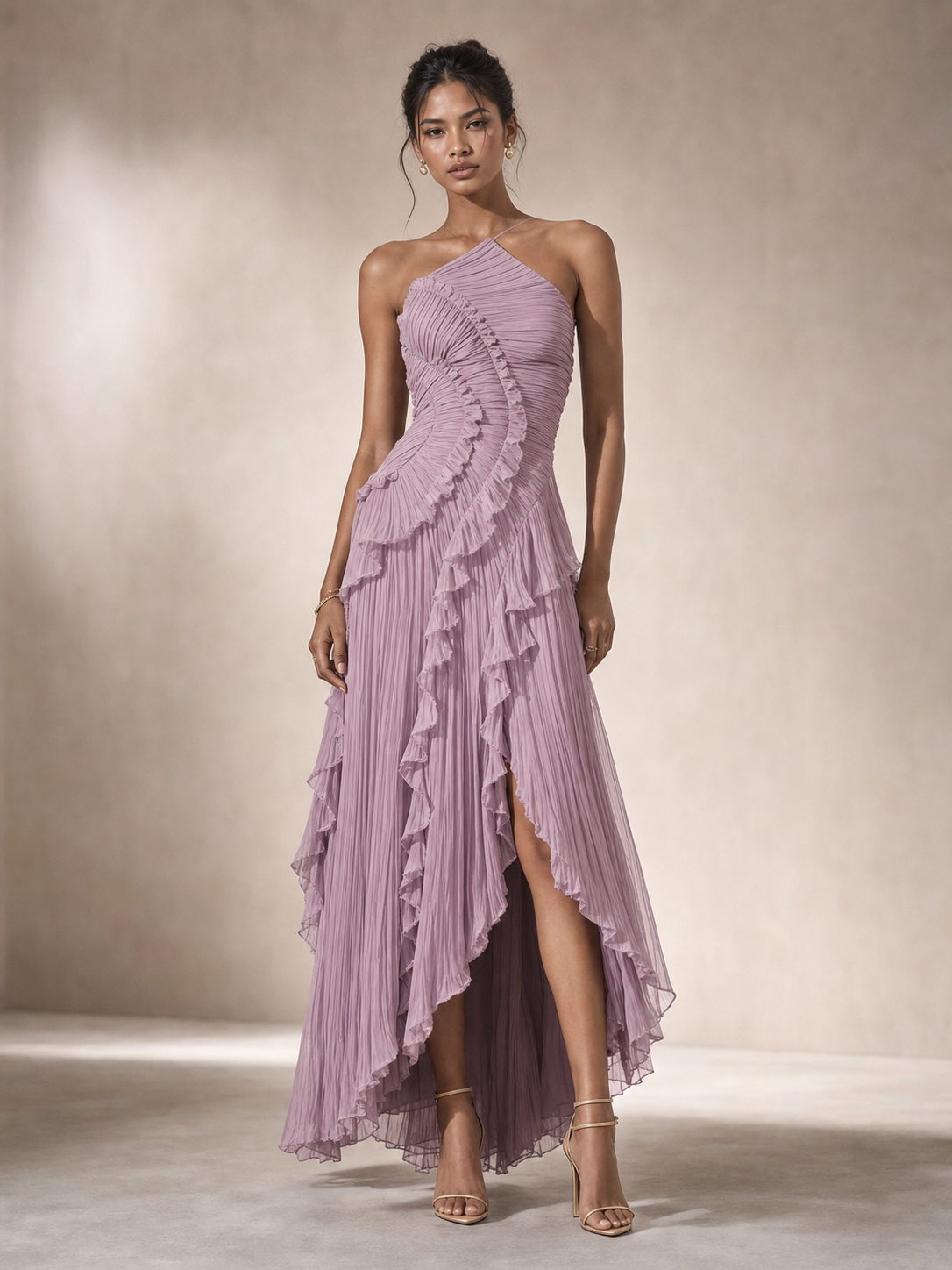 Exclusives pleated ruffle halter high-low dress in dusty lavender