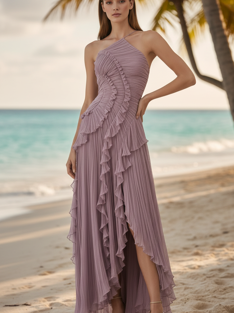Pleated Ruffle Halter High-Low Dress by Exclusives in lavender, Dresses on Sale