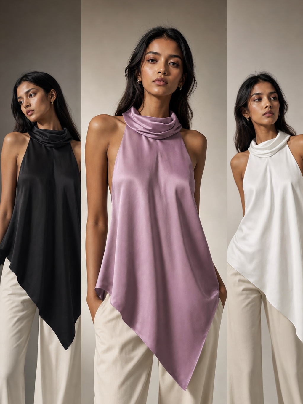 High-Neck Asymmetric Satin Cape Top by Exclusives; satin blouse in black, lavender and white (3-color set)