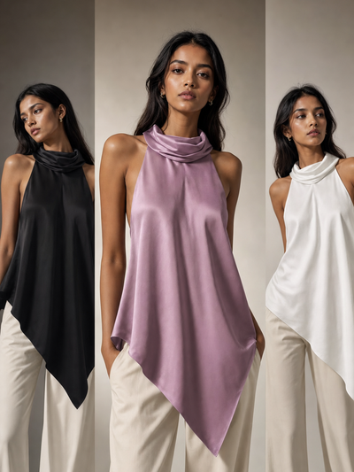 High-Neck Asymmetric Satin Cape Top by Exclusives; satin blouse in black, lavender and white (3-color set)