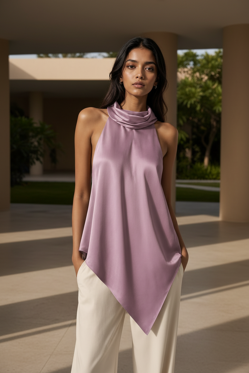 High-Neck Asymmetric Satin Cape Top
