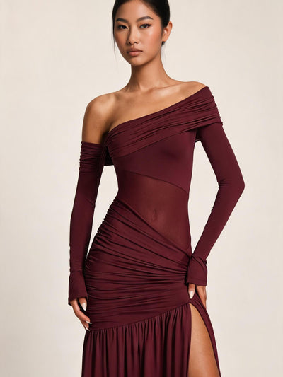 One-Shoulder Maxi Dress in burgundy with ruching and high slit