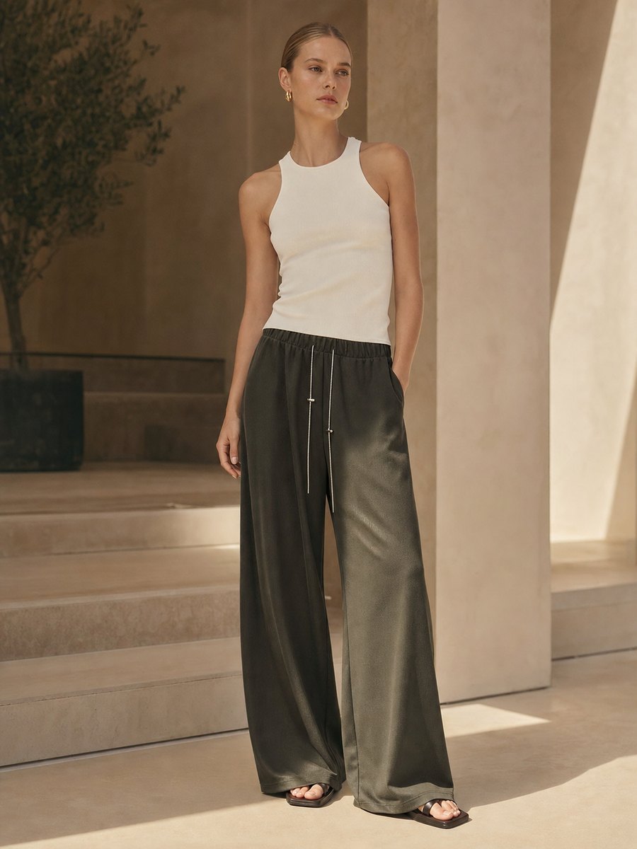 Ribbed Wide Leg Pant in dark olive satin with drawstring waist