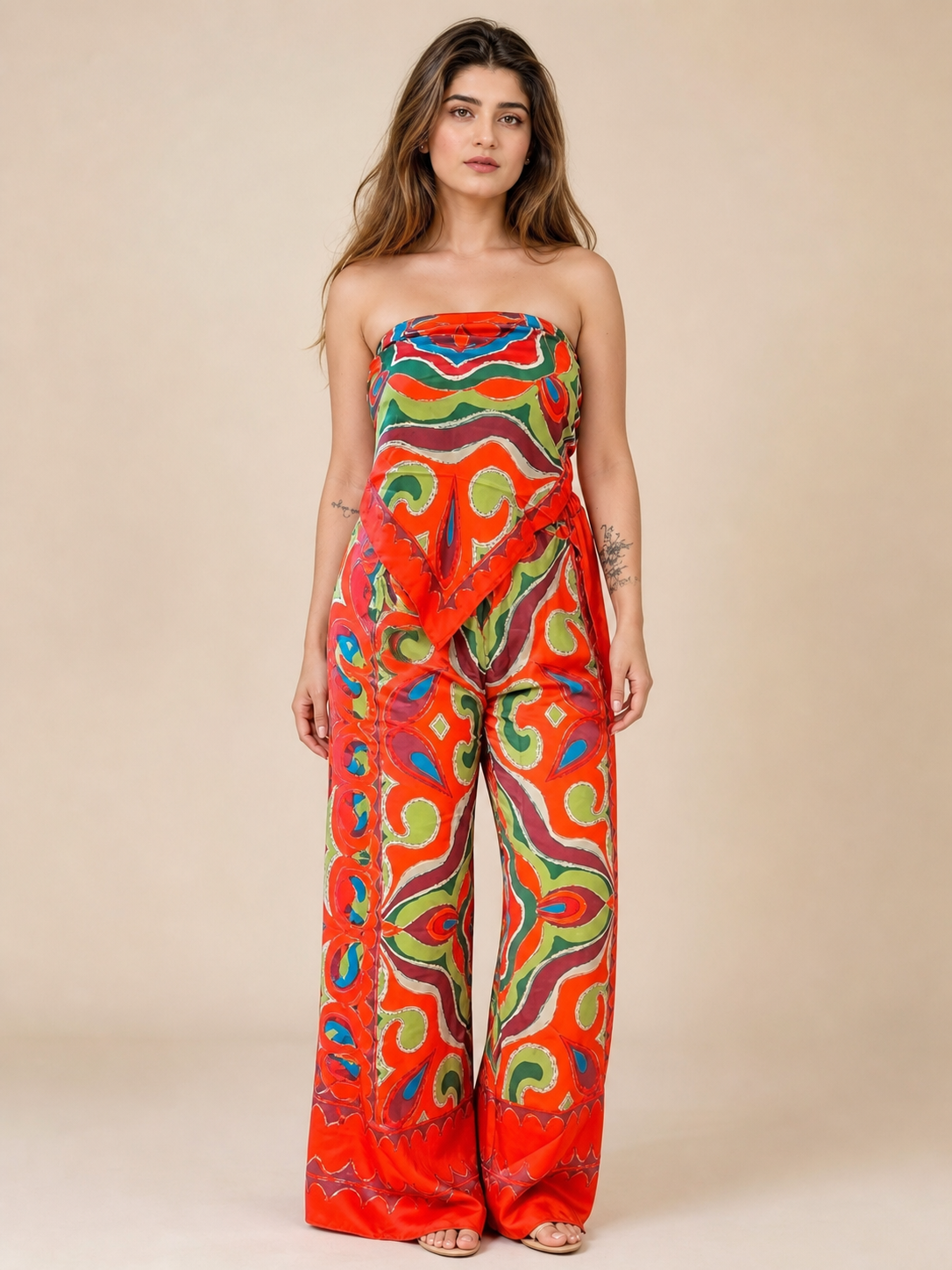 Strappy Tube Top & Pants Satin Coord Set by Exclusives, 2-piece multicolor print
