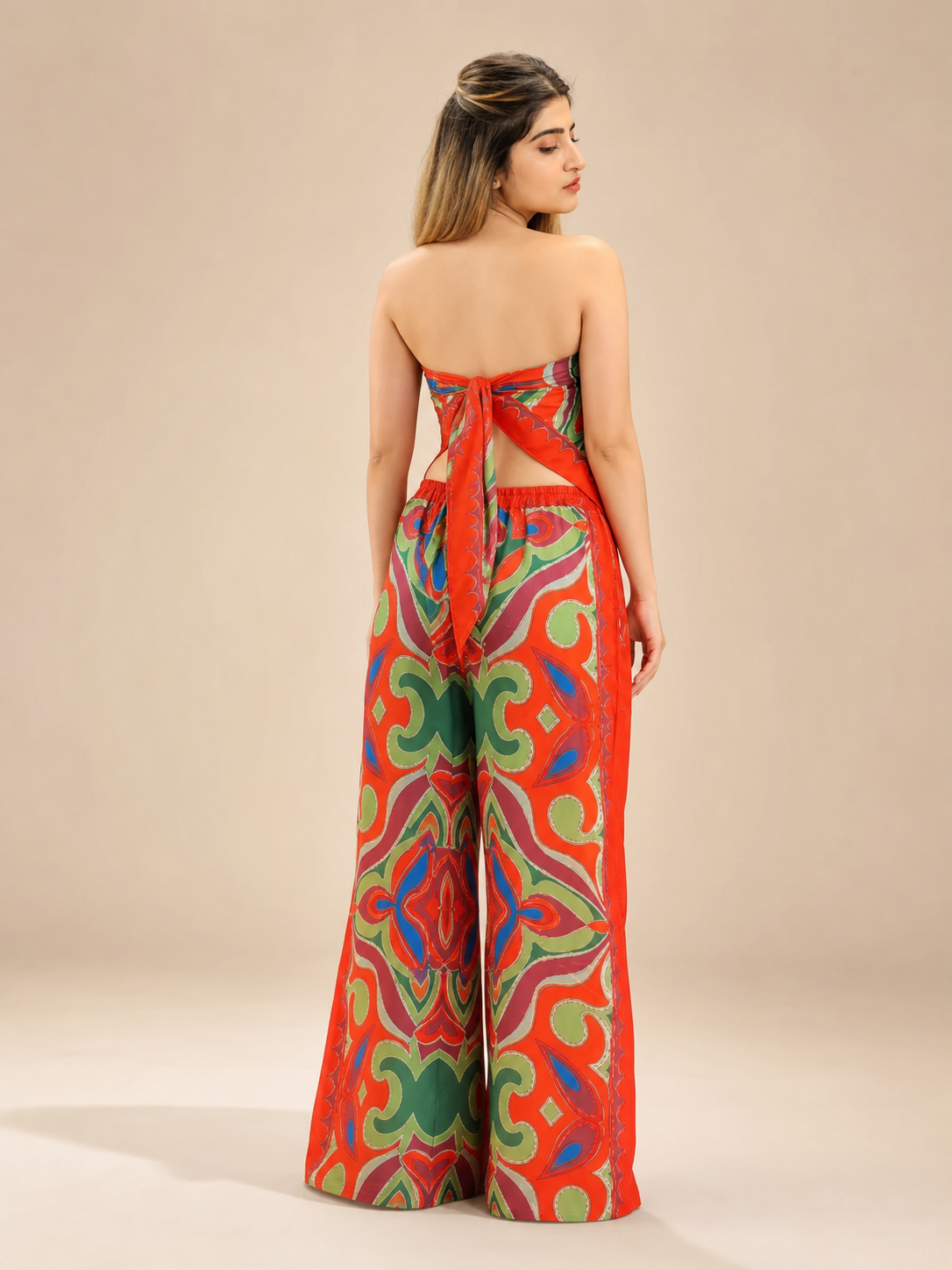 Strappy Tube Top & Pants Satin Coord Set; red multicolor abstract print, back-tie top, wide-leg pants