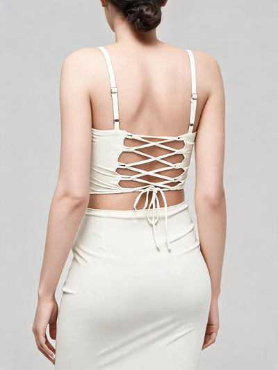 EXCLUSIVES backless corset top and skirt coord set, cream color with lace-up back detail