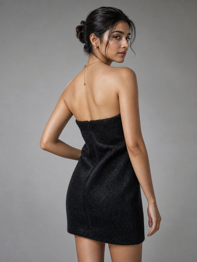 Fur-Effect Tube Top Dress by EXCLUSIVES; black, strapless, back view