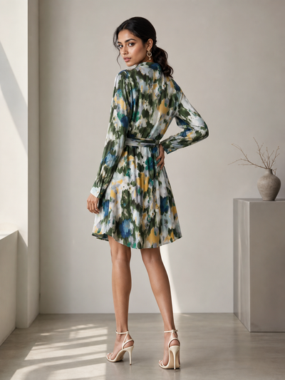 Tie Dye Belt Print Multicolor Dress by EXCLUSIVES, belted, long-sleeve, knee-length.