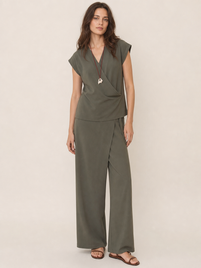 Sleeveless V-neck Top & Wrap Pant Coord Set by EXCLUSIVES in olive green, outfit set on sale