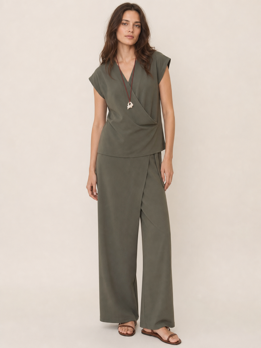 Sleeveless V-neck Top & Wrap Pant Coord Set by EXCLUSIVES in olive green, outfit set on sale