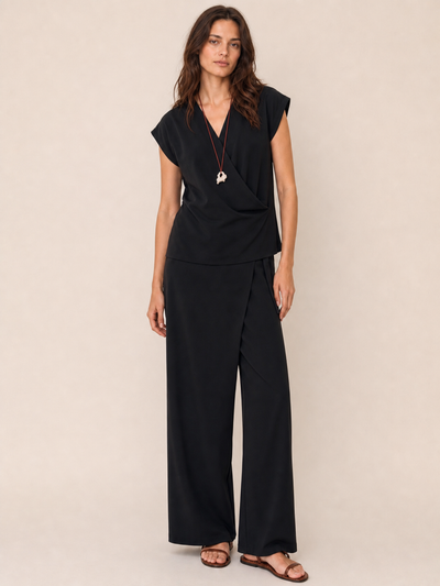 EXCLUSIVES Sleeveless V-neck Top & Wrap Pant Coord Set in black; two-piece outfit