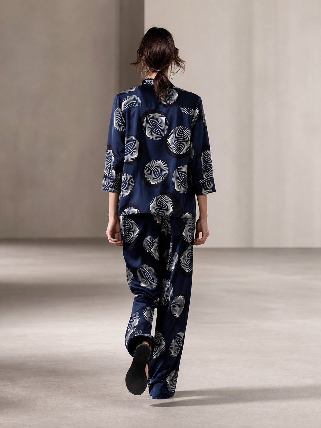 Abstract Print Quarter Sleeves Shirt & Pants Coord Set by EXCLUSIVES in navy with white geometric prints; on sale.