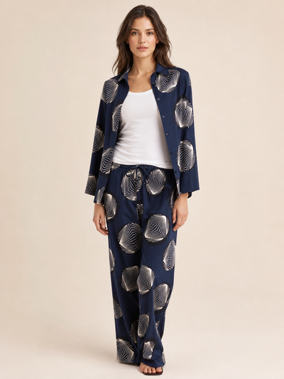 Abstract Print Quarter Sleeves Shirt & Pants Coord Set in navy, combo outfit on sale