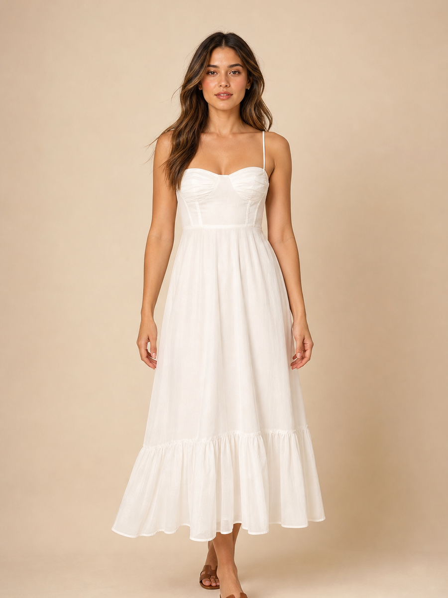 Tied spaghetti-strap corset flare maxi dress in white with a bustier bodice and tiered hem.