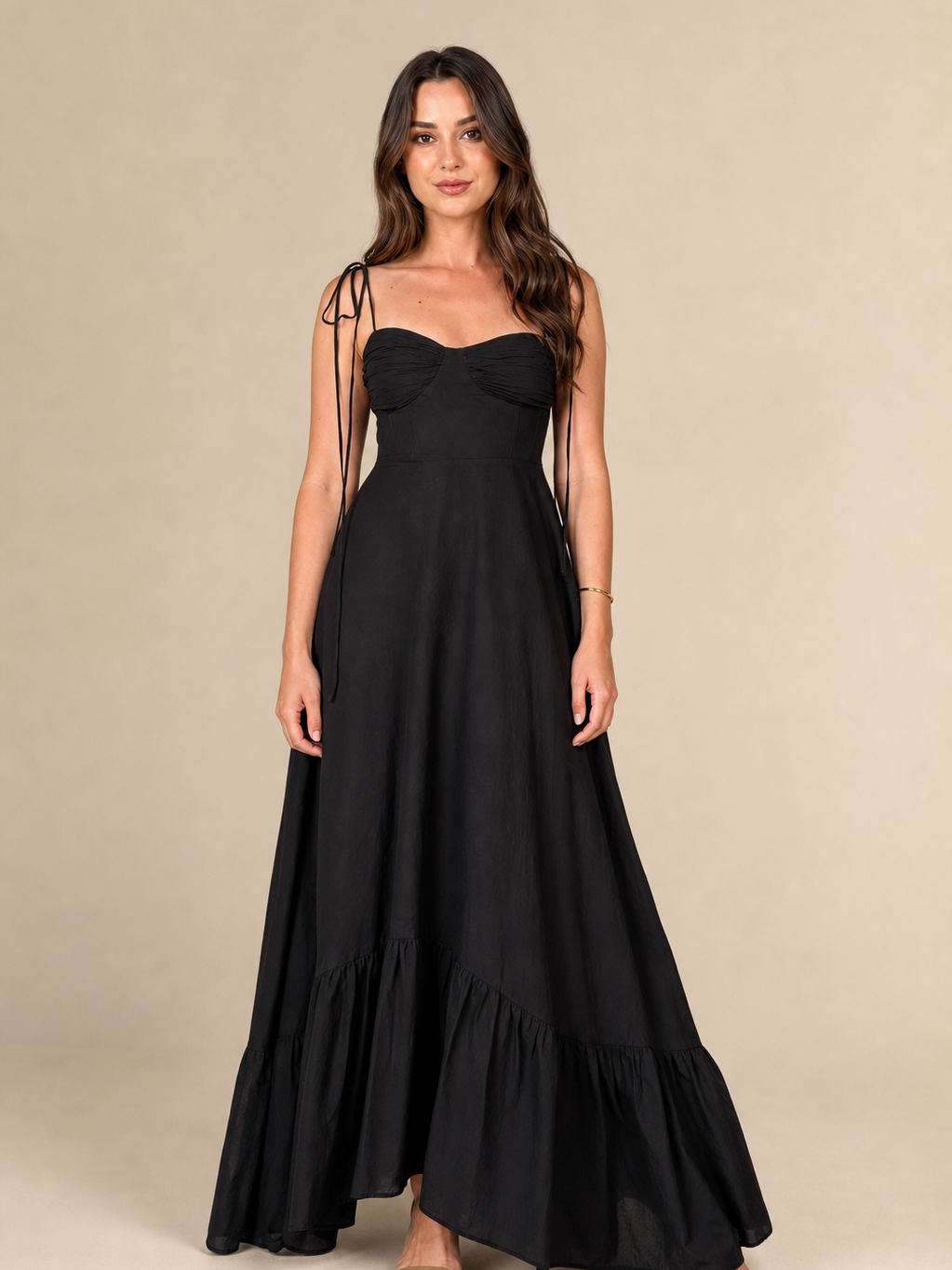 EXCLUSIVES tied spaghetti-strap corset flare maxi dress in black
