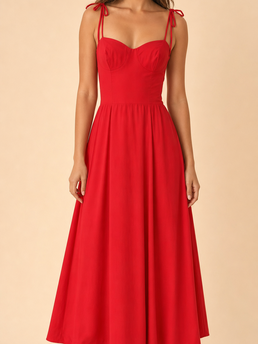 Tied spaghetti-strap corset flare maxi dress in red by EXCLUSIVES, Dresses on Sale
