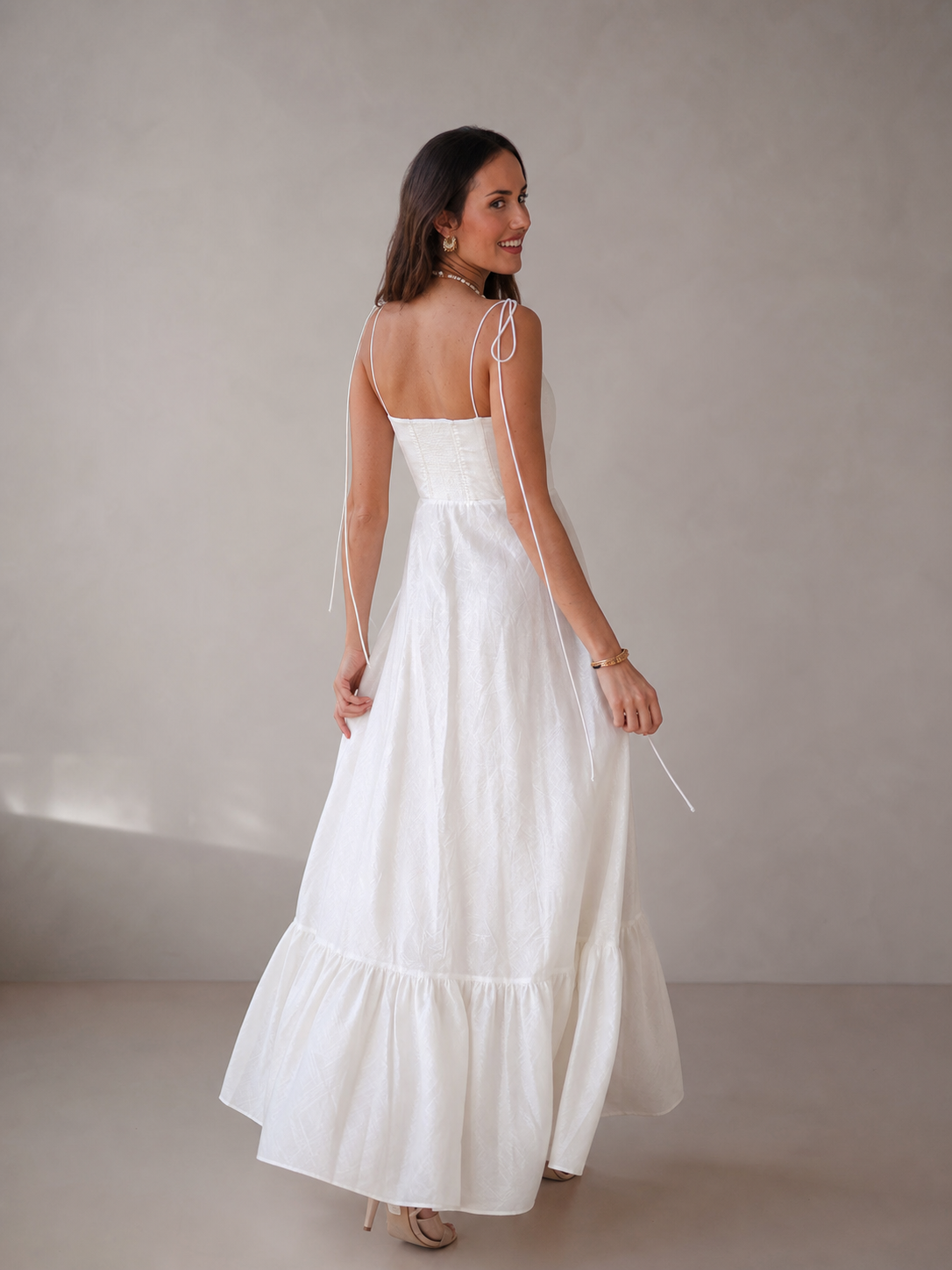 Tied spaghetti-strap corset flare maxi dress, white, EXCLUSIVES on sale