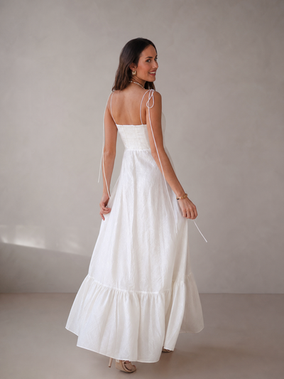 Tied spaghetti-strap corset flare maxi dress, white, EXCLUSIVES on sale