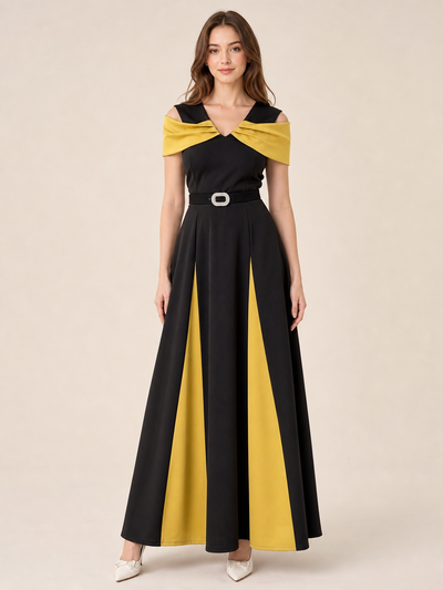 Two Tone Sleeveless Midi Dress by EXCLUSIVES in black and mustard yellow with off-shoulder wrap and jeweled belt.