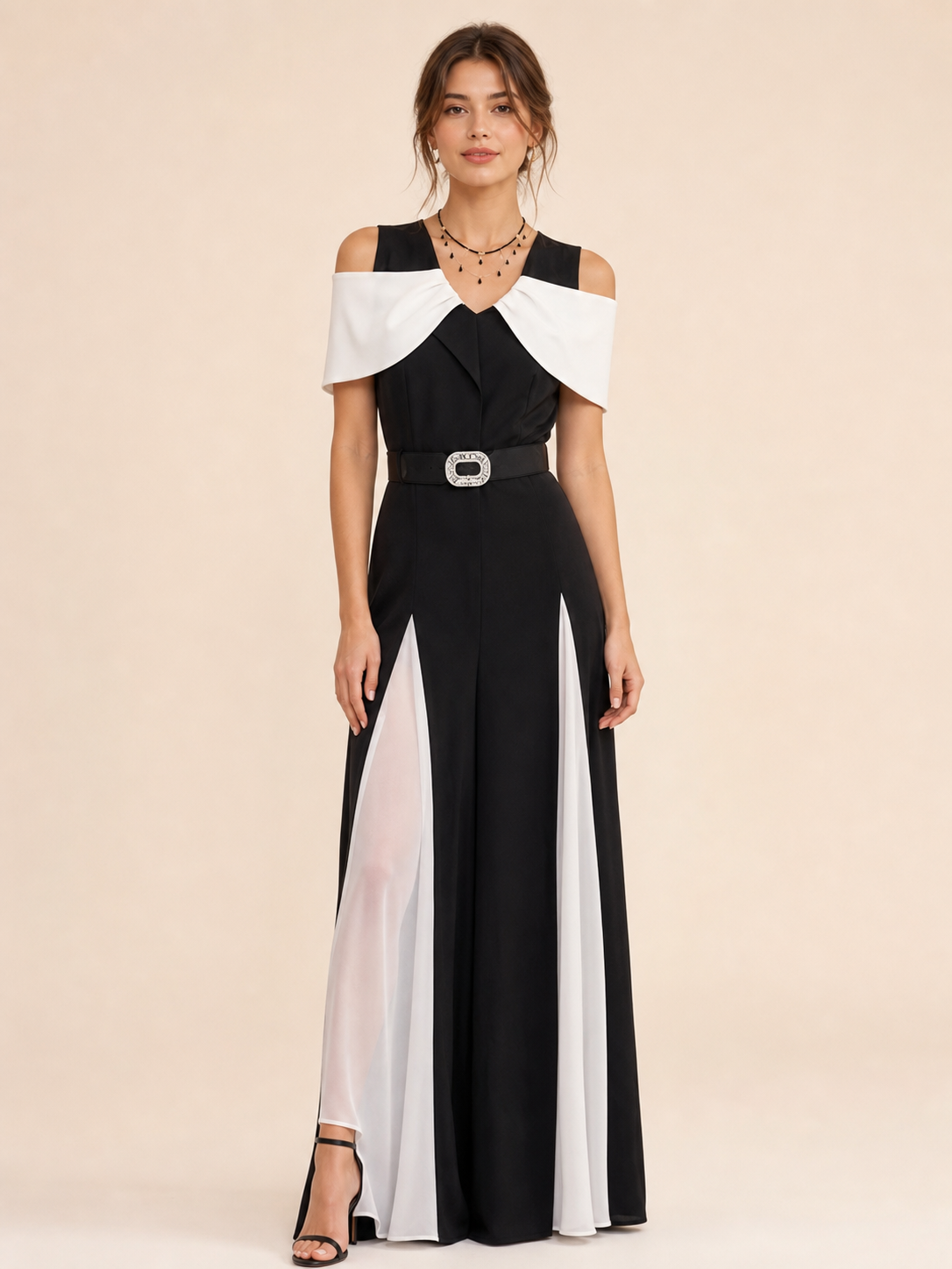 Two Tone Sleeveless Midi Dress by EXCLUSIVES; black with white panels and belt