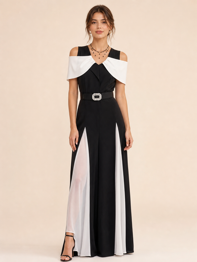 Two Tone Sleeveless Midi Dress by EXCLUSIVES; black with white panels and belt