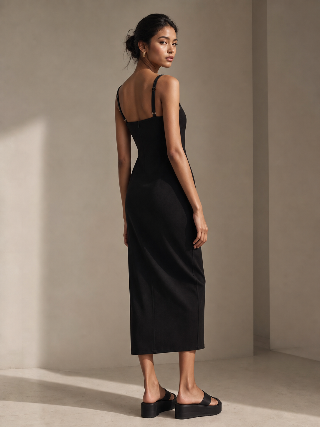 Sleeveless Lace-up Slit Midi Dress by EXCLUSIVES in black, back view on model.