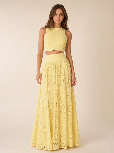 Two-piece embroidered lace crop top and long skirt coord set in pale yellow