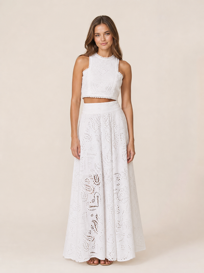 Embroidered lace crop top and matching white long skirt coord set
