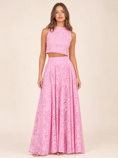 Pink embroidered lace 2-piece crop top and long skirt coord set
