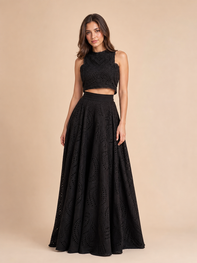 Embroidered lace crop top and skirt coord set by Exclusives in black; two-piece outfit on sale