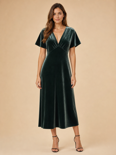 Velvet V-Neck Midi Dress by EXCLUSIVES in dark green, short flutter sleeves