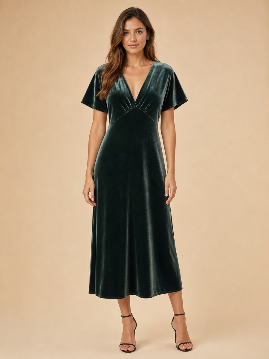 Velvet V-Neck Midi Dress by EXCLUSIVES in dark green, short flutter sleeves