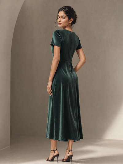 Velvet V Neck Midi Dress by EXCLUSIVES; emerald green velvet, midi length.