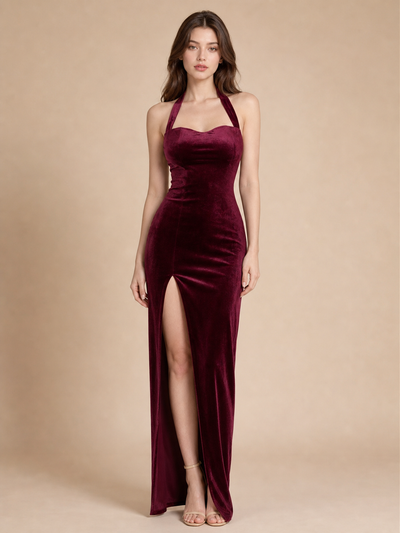 Halterneck velvet sweetheart-neck midi dress in burgundy by EXCLUSIVES, dresses on sale.