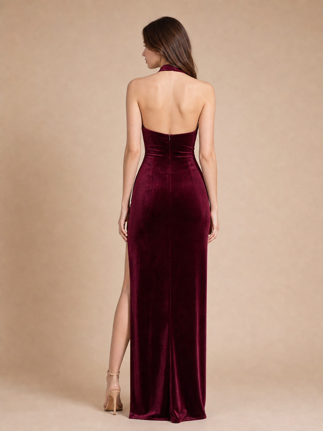 EXCLUSIVES velvet halterneck sweetheart dress in burgundy with back zipper and side slit