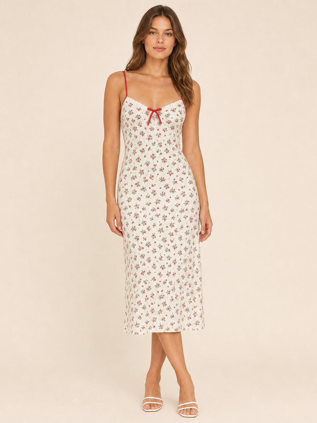 Scarlet Cherry Slip Midi Dress by Exclusives, ivory fabric with red floral print and red spaghetti straps