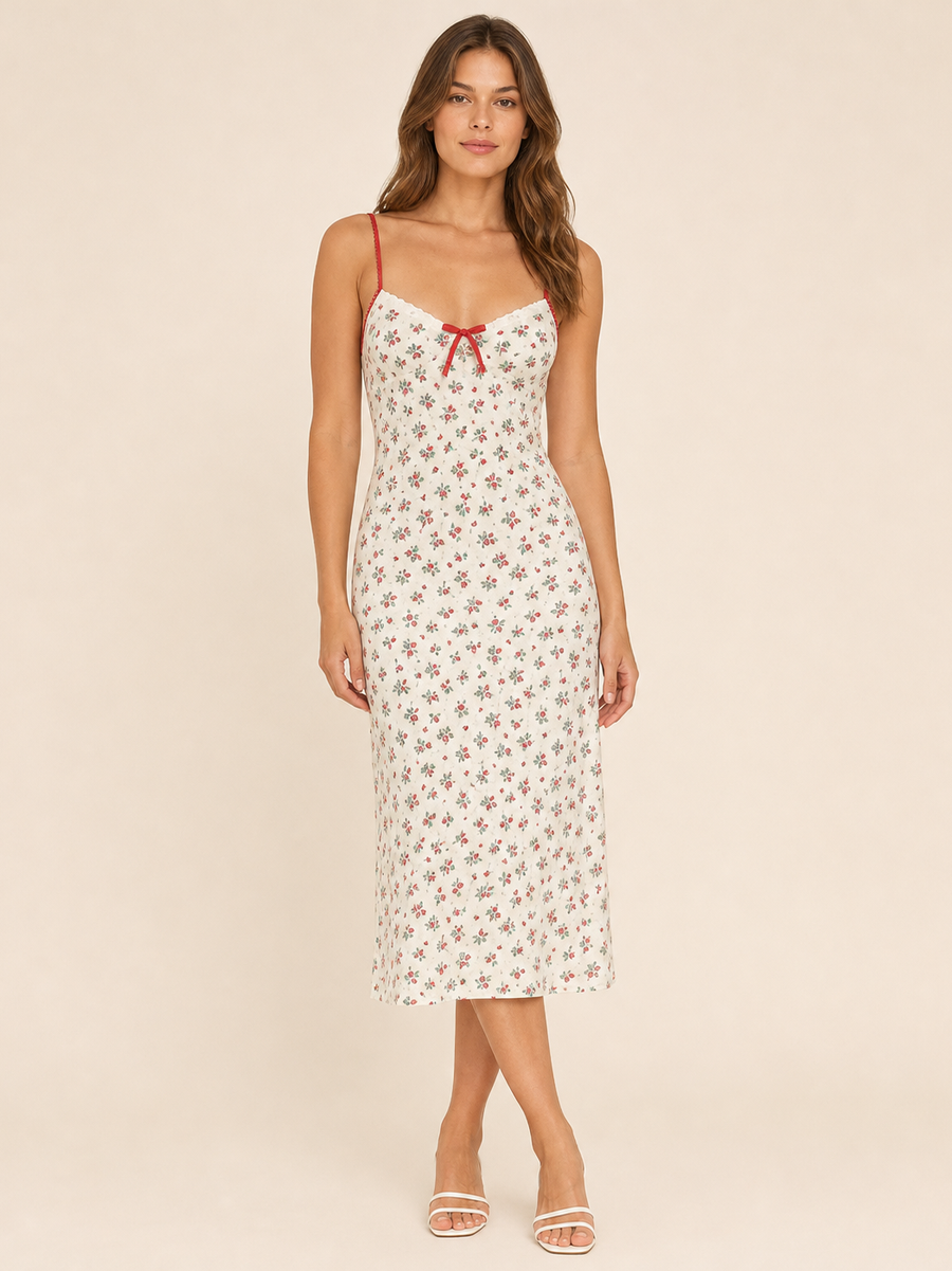 Scarlet Cherry Slip Midi Dress by Exclusives, ivory fabric with red floral print and red spaghetti straps