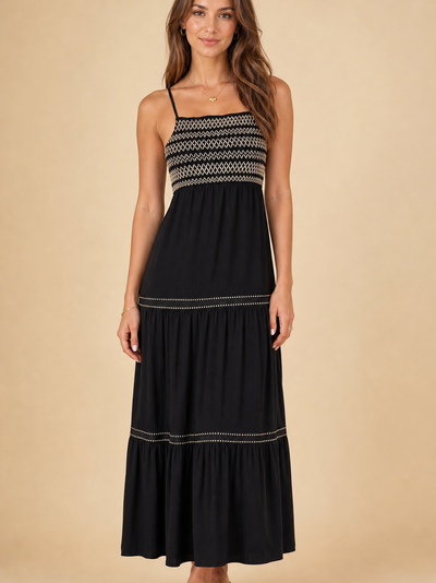 Spaghetti Strap Modal Embroidery Dress, black with white geometric embroidery bands, maxi length with tiered hem.