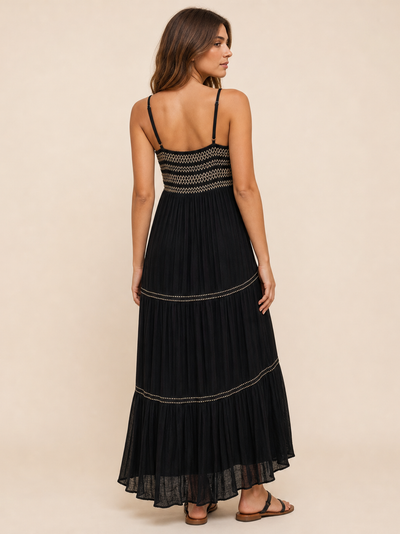 Spaghetti Strap Modal Embroidery Dress by Exclusives, black with gold embroidery and tiered pleated skirt.