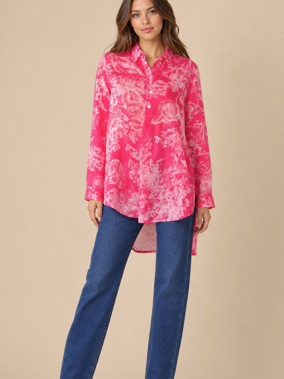 Floral Print CD Shirt by Branded, pink with white floral pattern, long-sleeve button-down top.