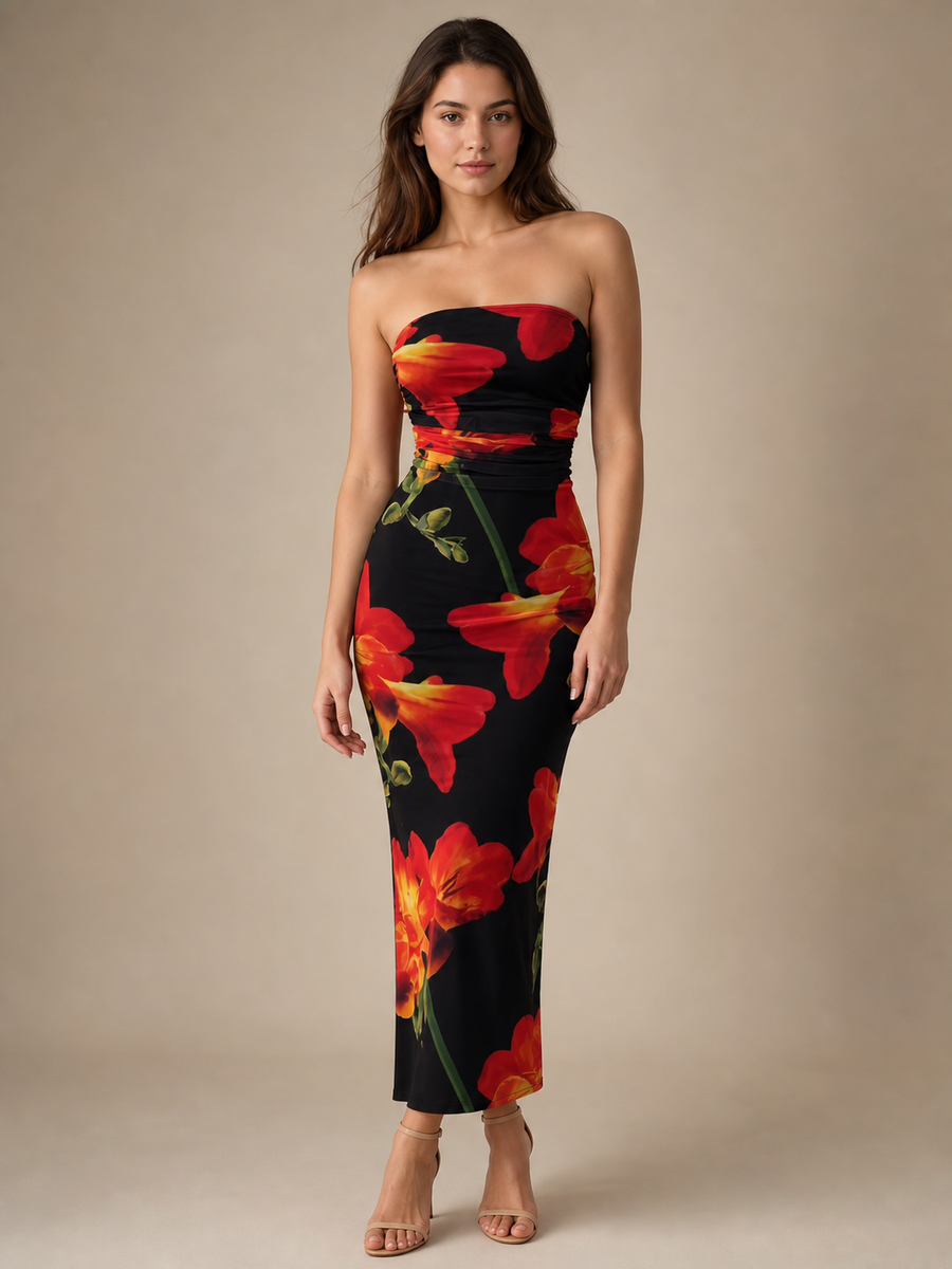 Black floral tie-dye tulle tube dress by Exclusives, on sale