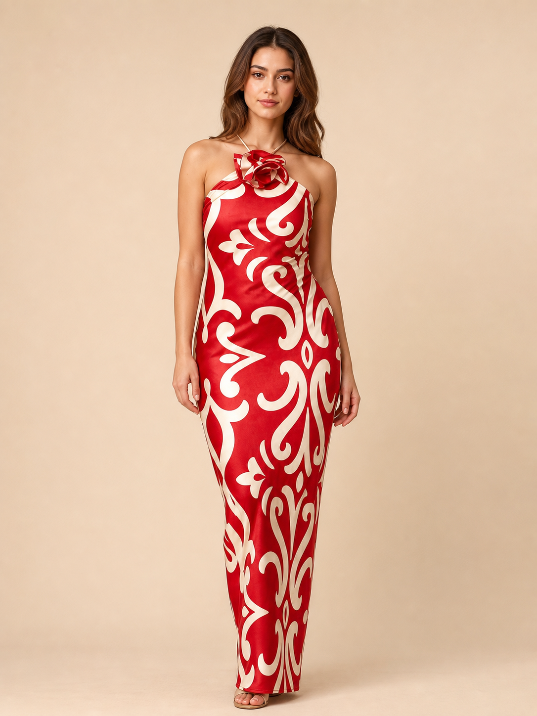 Applique Flower Floral Halterneck Backless Maxi Dress by EXCLUSIVES in red and ivory, dresses on sale