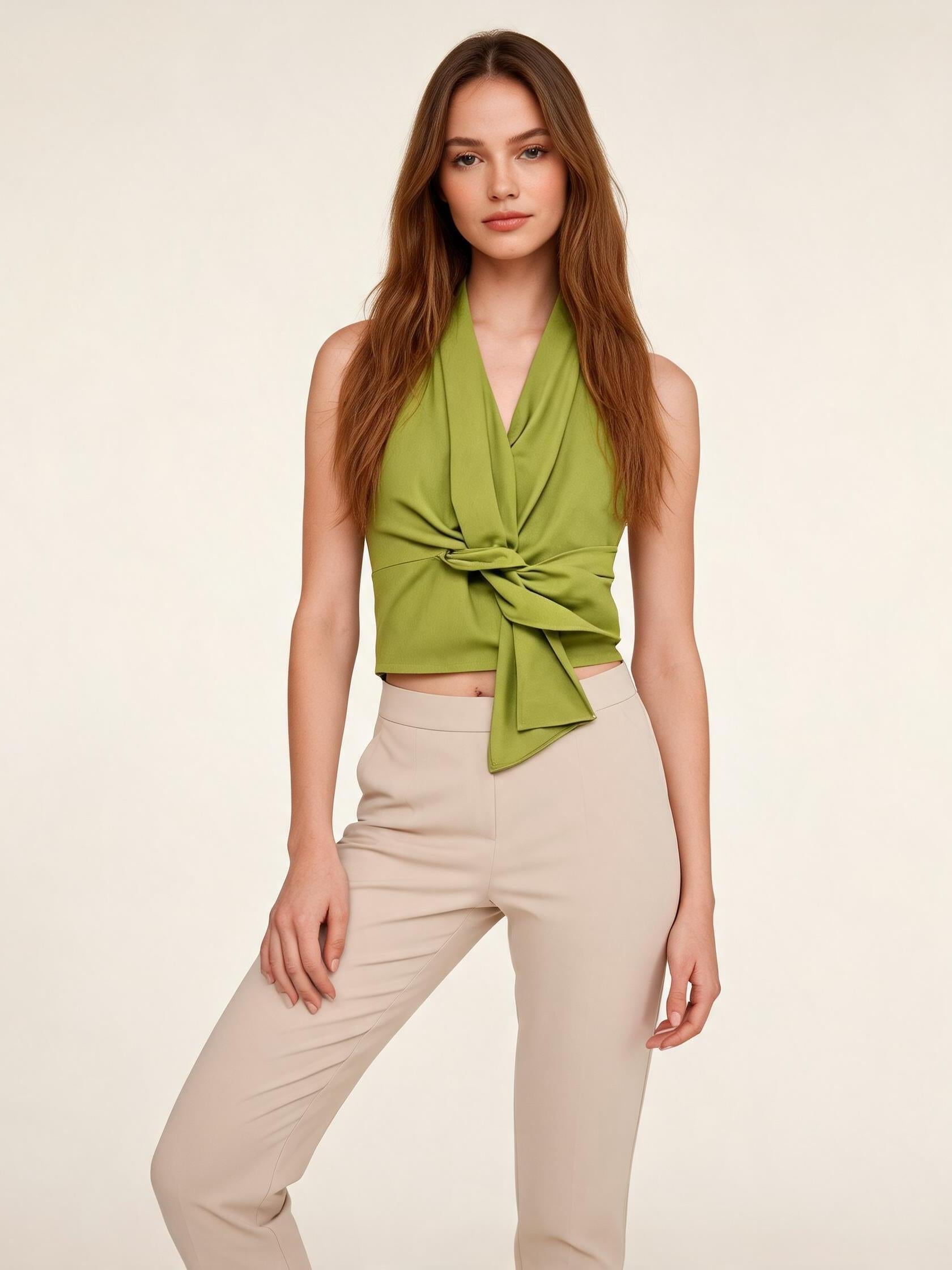 Halterneck Knot Vest Top by EXCLUSIVES, olive-green, on sale