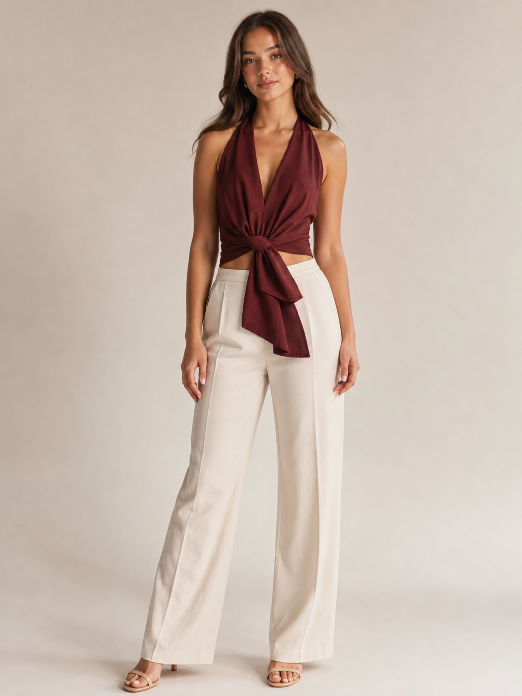 Halterneck Knot Vest Top by EXCLUSIVES in burgundy with waist tie; beige pants complete a 2-piece outfit.