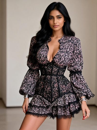 Floral print boning corset dress in black lace with pink flowers, long puff sleeves, tiered hem.