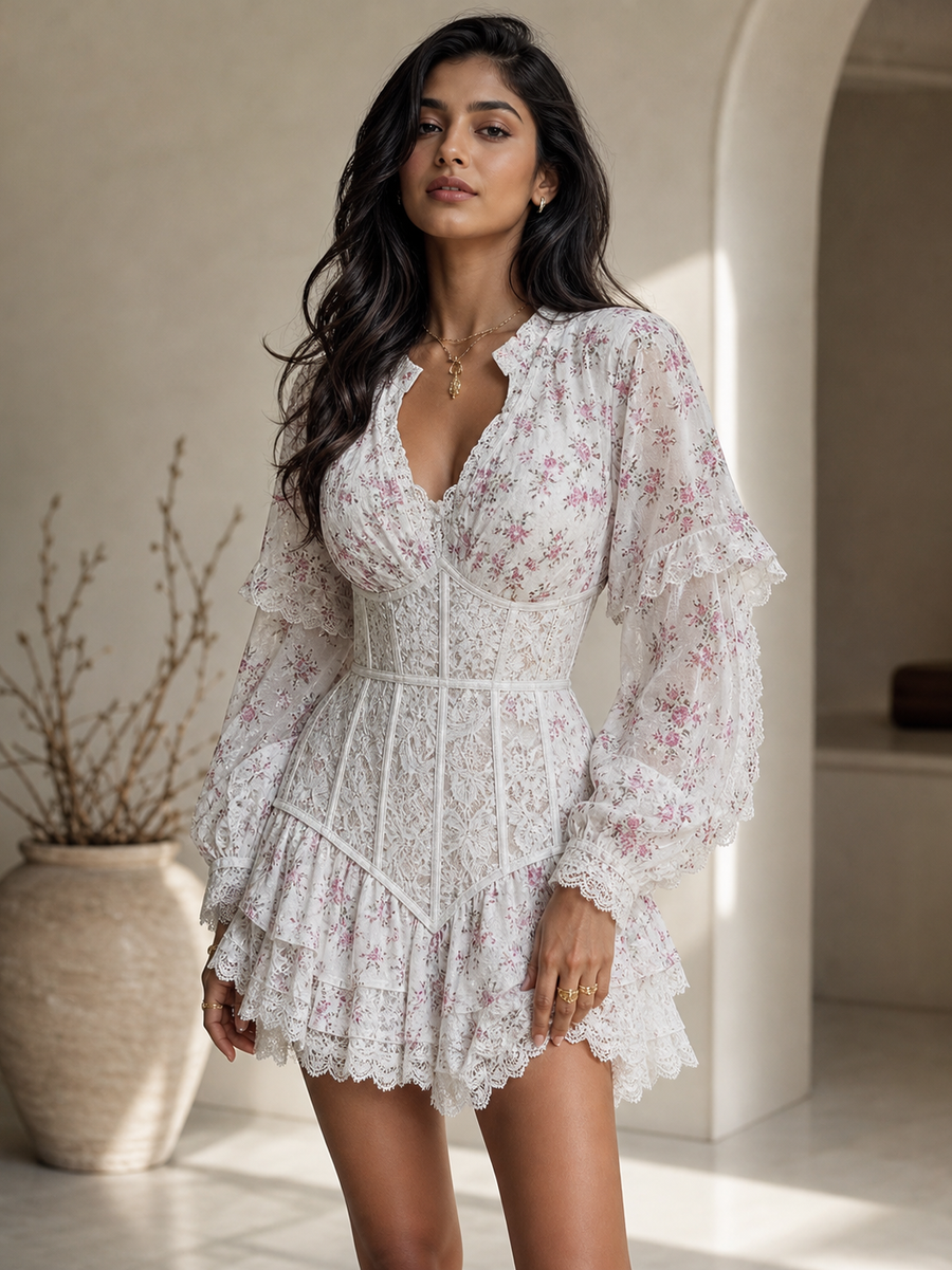 Floral Print Boning Corset Short Sleeves Dress in white lace with pink florals
