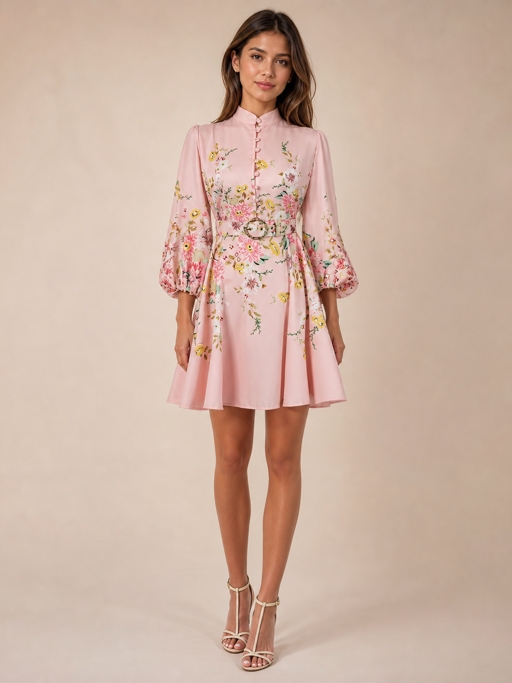 Floral Printed Belt Short Dress in pink with waist belt and puff sleeves.