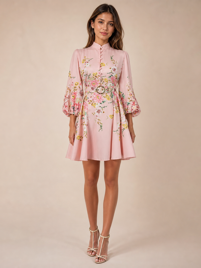Floral Printed Belt Short Dress in pink with waist belt and puff sleeves.